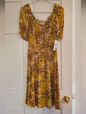Yellow Floral Midi Dress with Puff Sleeves